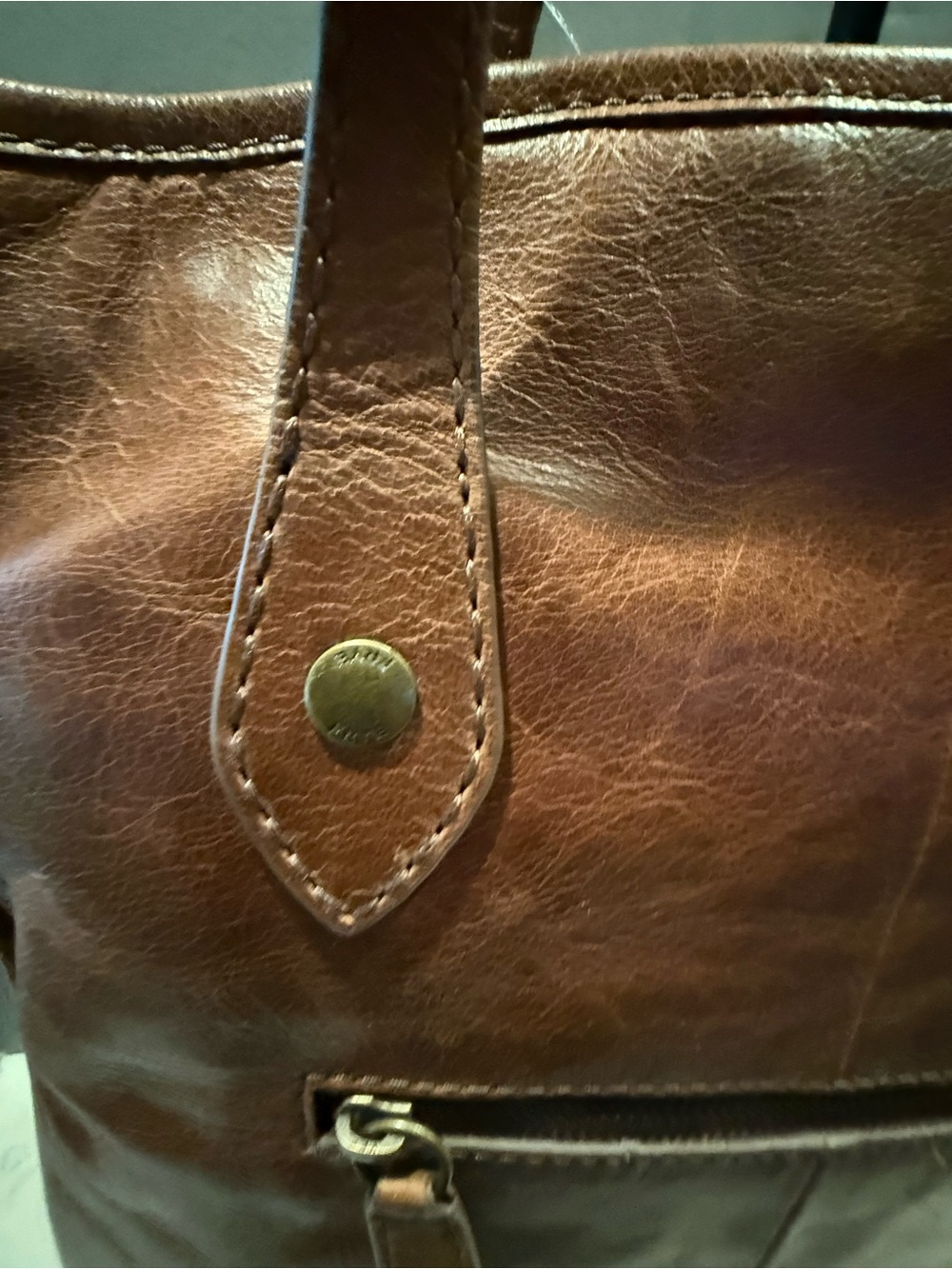 Frye Woven Leather Shoulder Tote in Cognac Brown with Tassel - Picture 9 of 14